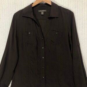 Tommy Bahama Silk Button Down Shirt Roll Tab Long‎ Sleeve Brown Women's Size S